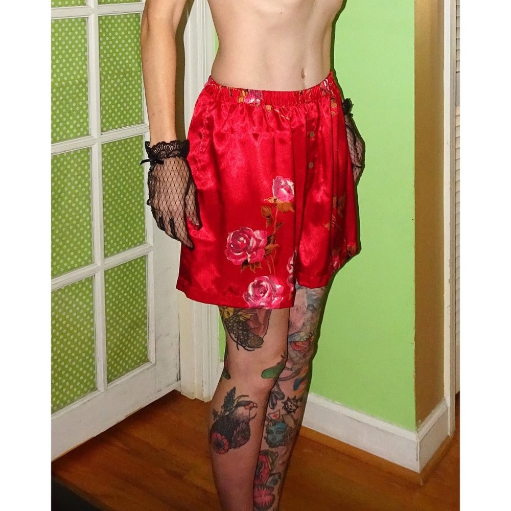 Vintage Red & Pink Floral Sleep Shorts L pajama shorts sleepwear bottoms roses